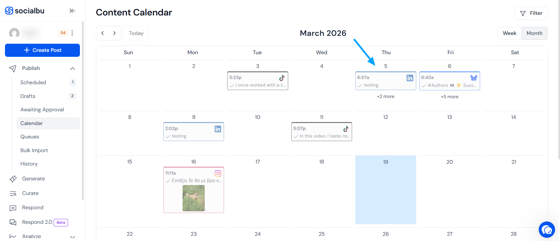 Published post selected in the SocialBu calendar
