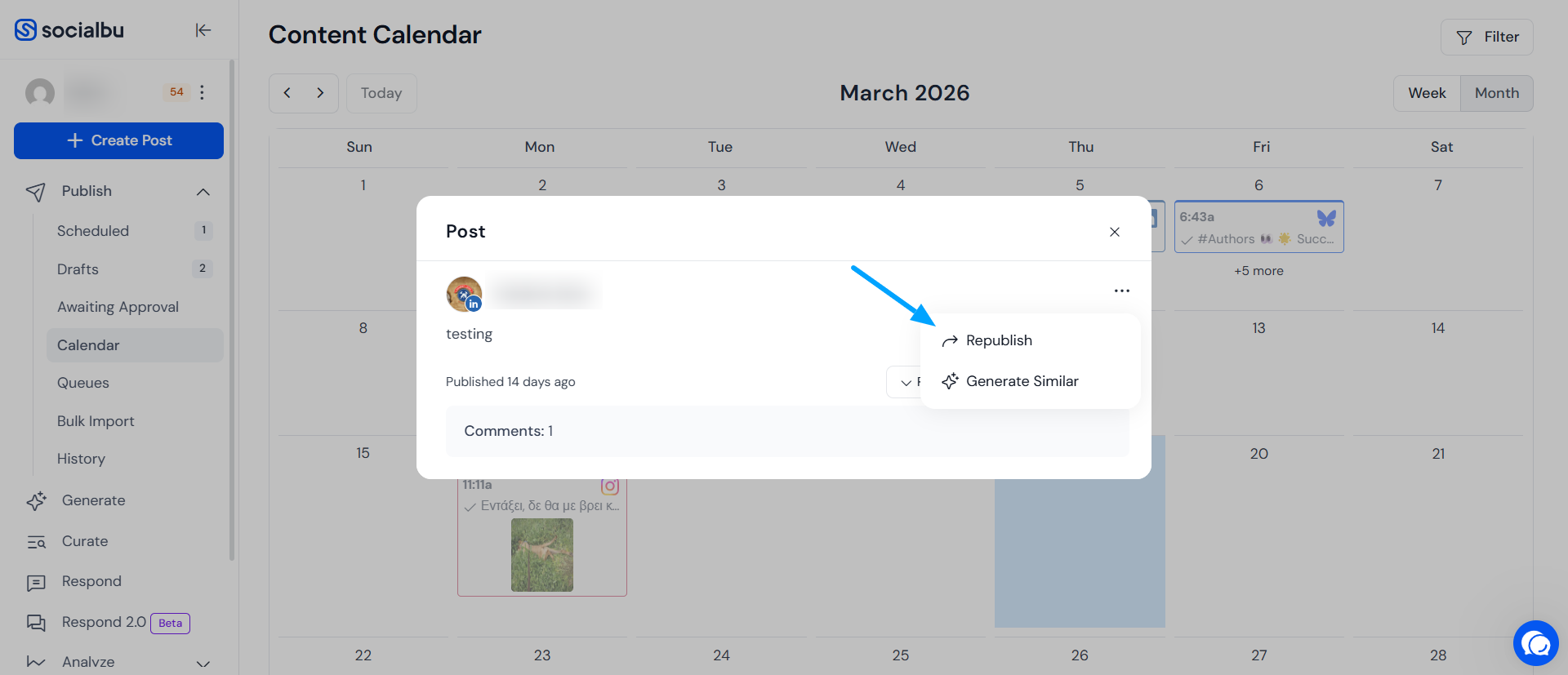 Republish option in the calendar post menu