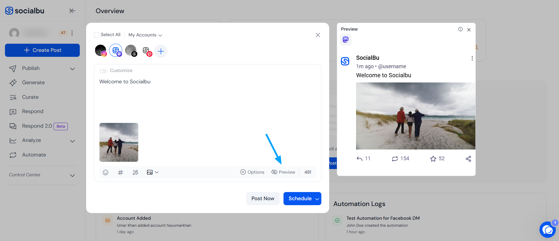 Post composer preview panel showing how a post may appear before publishing