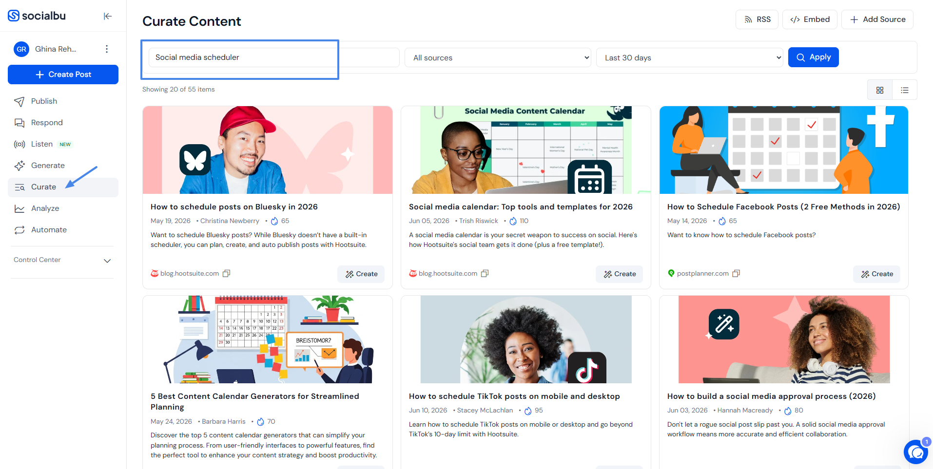 Curate Content page with search, source filter, time range, RSS, Embed, and Add Source controls