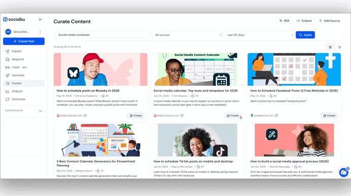 Curate content flow showing the Create action for a curated article