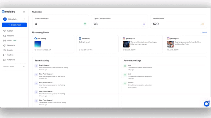 Content Performance report showing posts versus engagements over a 90-day date range