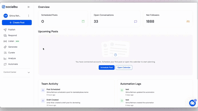 Account Performance report showing follower growth across connected social accounts