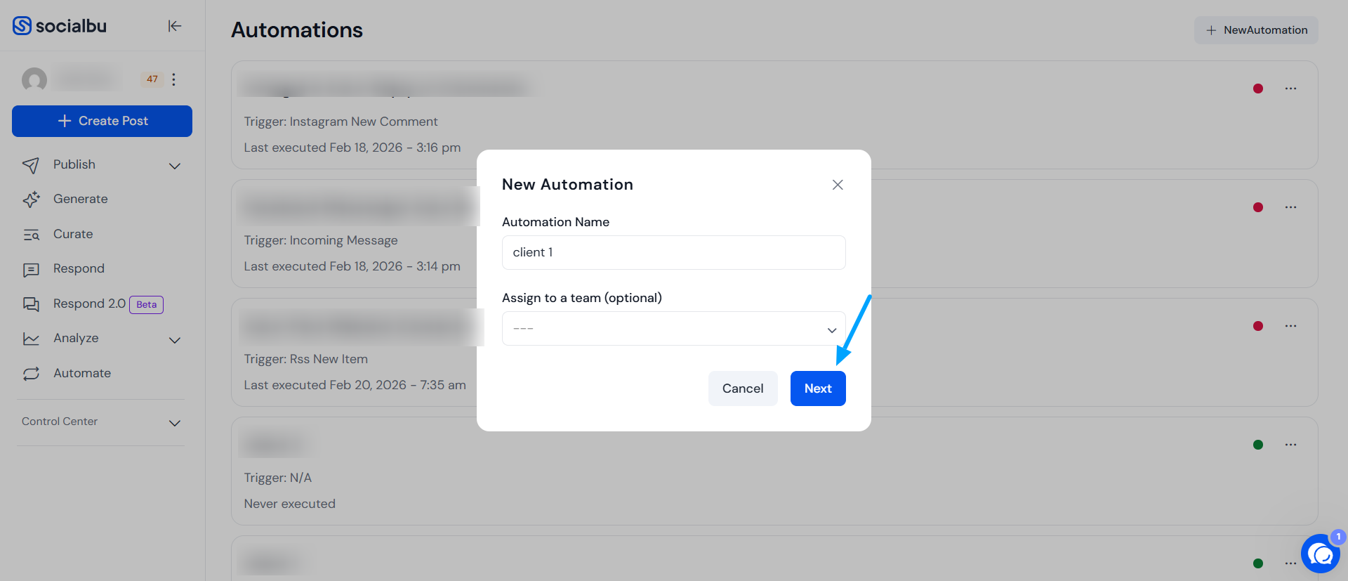 Posts published by account automation setup in SocialBu Flow Editor