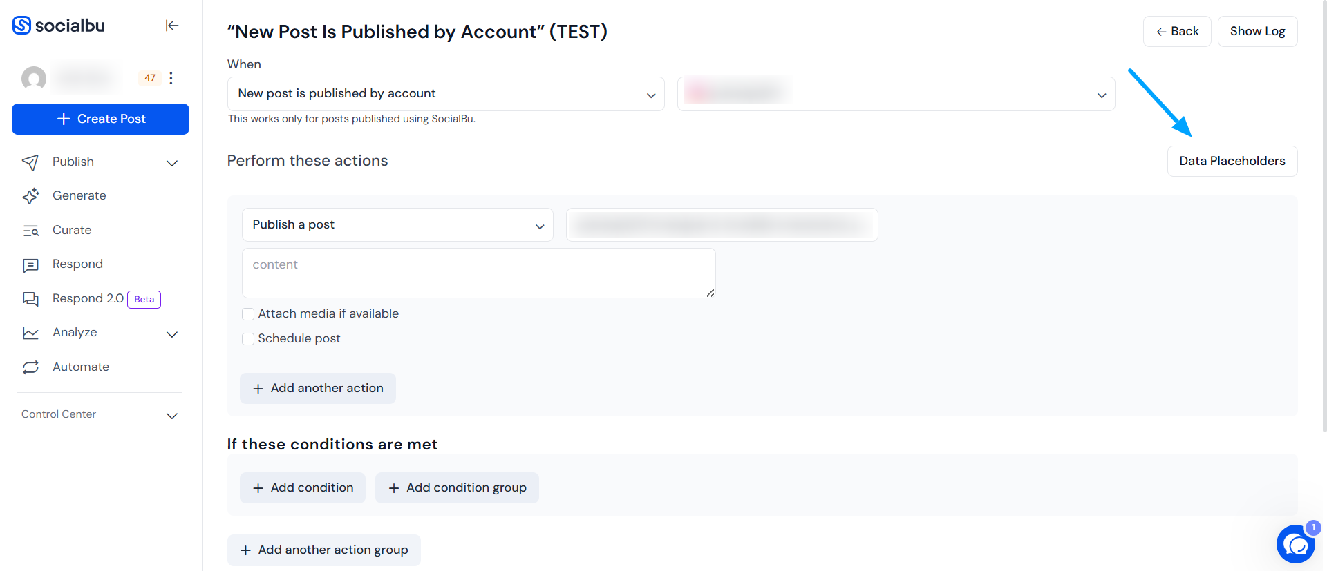 Posts published by account automation setup in SocialBu Flow Editor