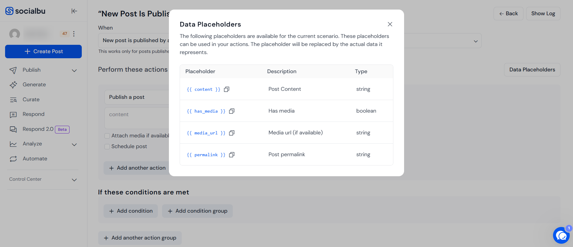 Posts published by account automation setup in SocialBu Flow Editor