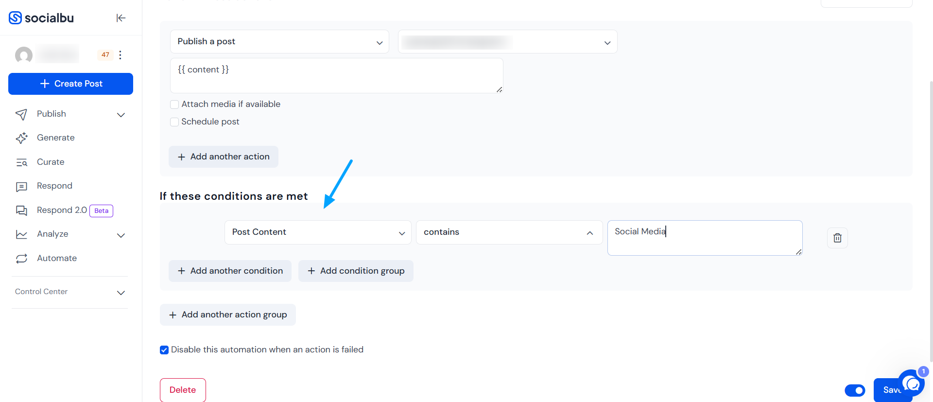Posts published by account automation setup in SocialBu Flow Editor