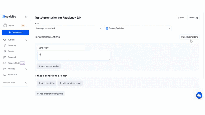 Automated message reply setup in SocialBu Flow Editor