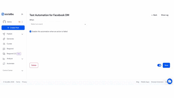 Automated message reply setup in SocialBu Flow Editor