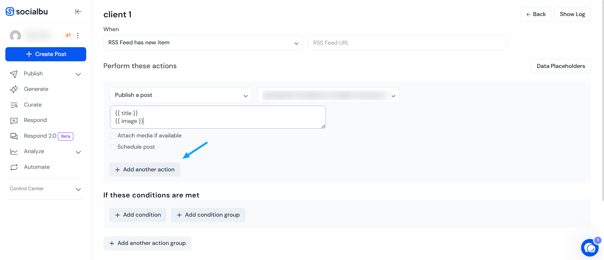 RSS feed automation setup in SocialBu Flow Editor