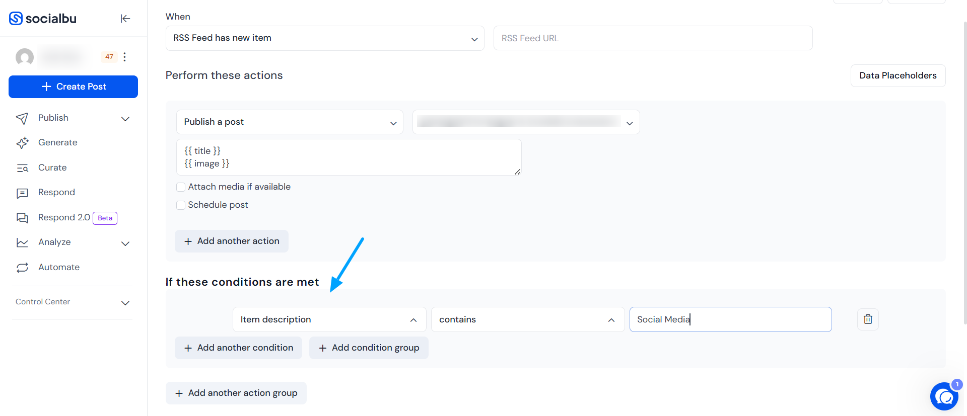 RSS feed automation setup in SocialBu Flow Editor