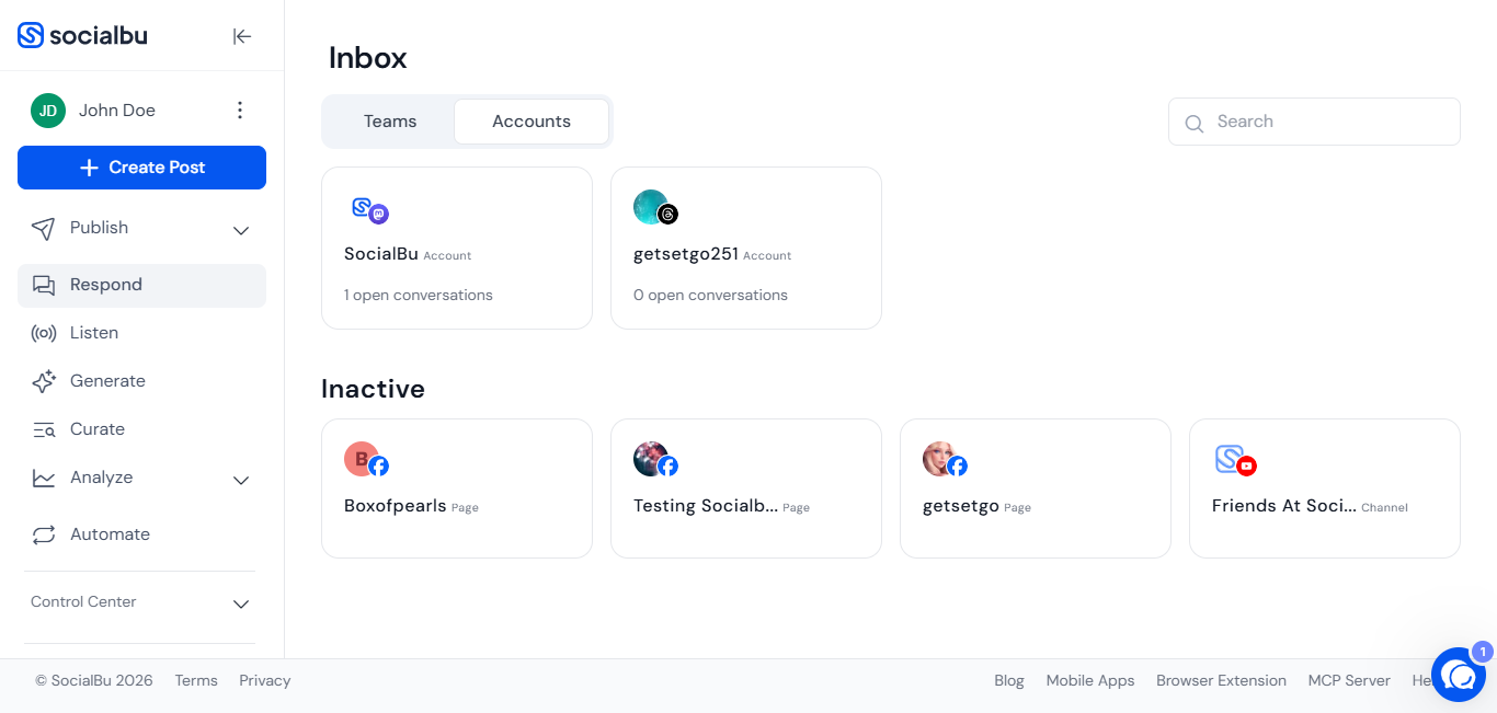 Inbox home screen showing Teams and Accounts tabs in SocialBu Respond