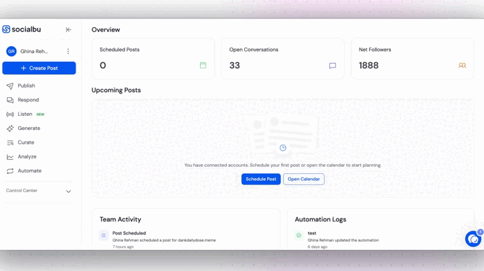 Team Performance report showing publishing overview metrics and a posts chart