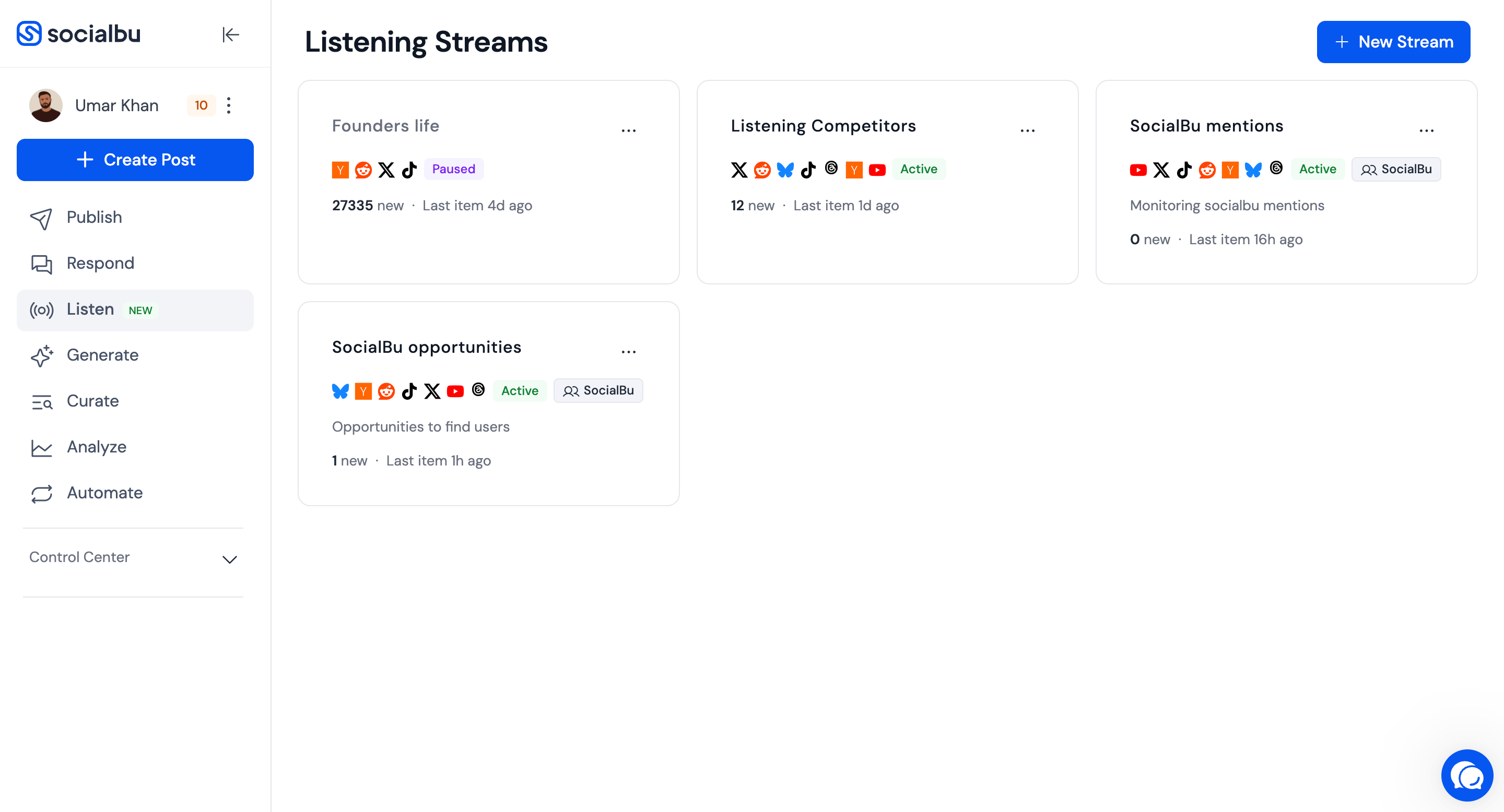 Listening Streams page showing existing streams and the New Stream button