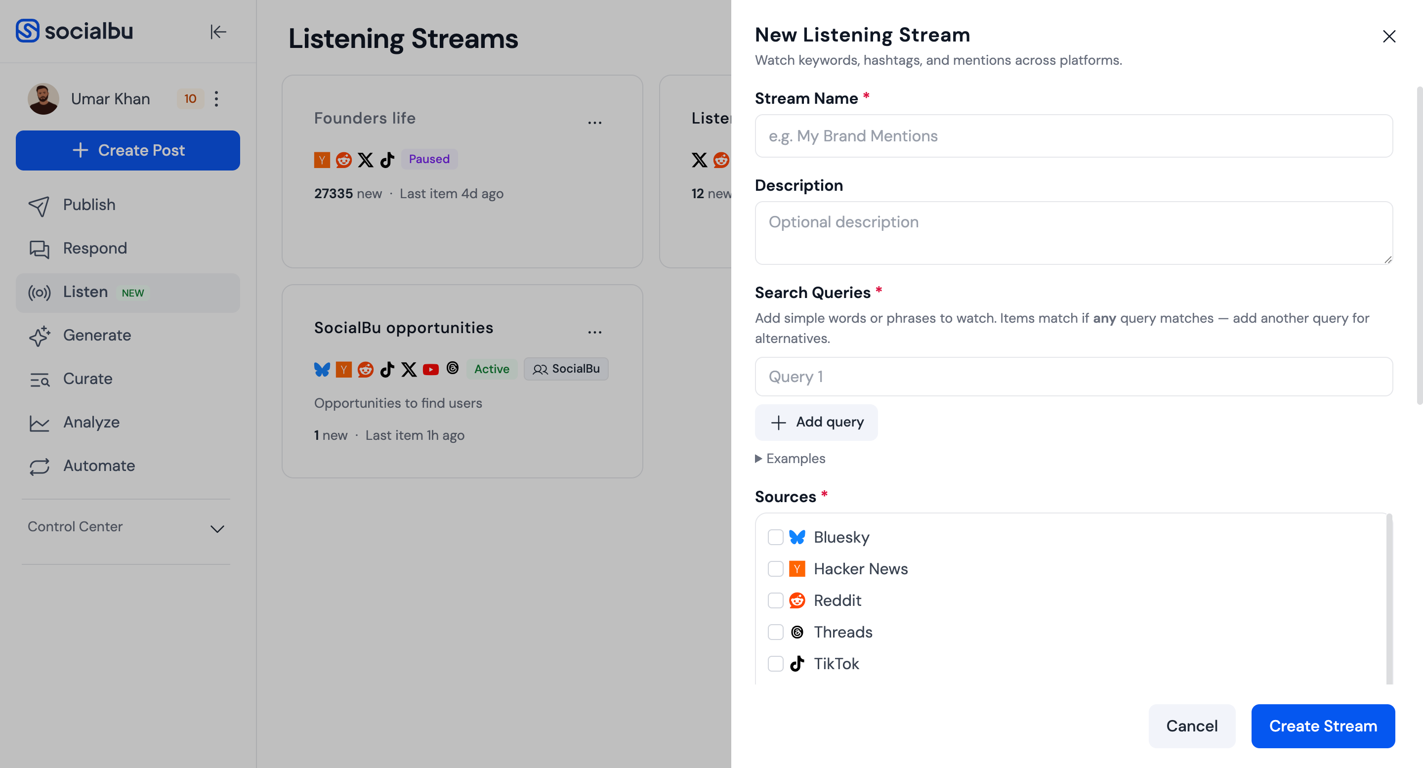 New Listening Stream panel showing Search Queries and Sources fields