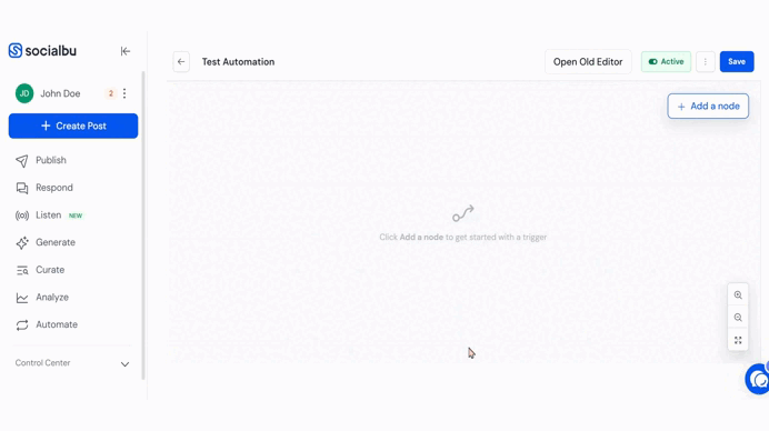 SocialBu Automations Flow Editor overview